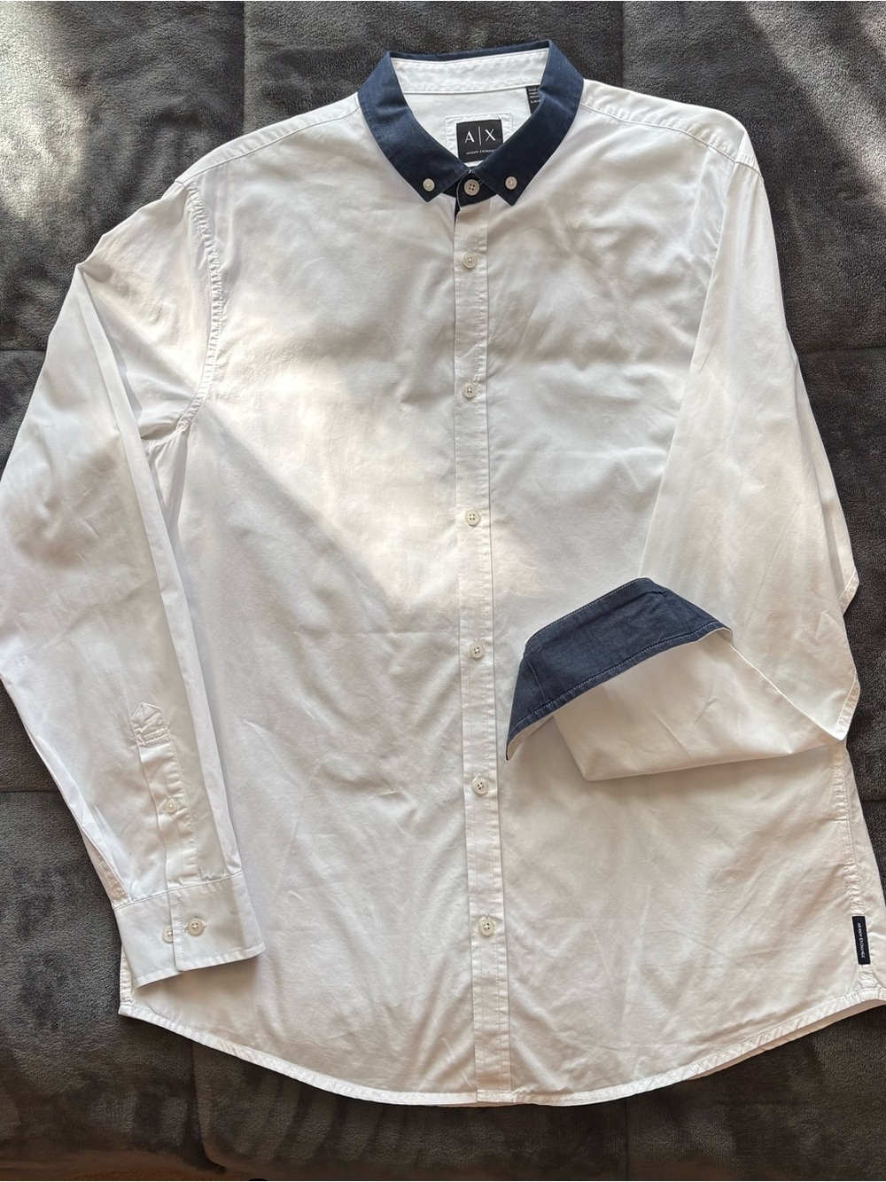 Armani Exchange White Button-Down Shirt w/Denim Contrast Collar and Cuff Size L